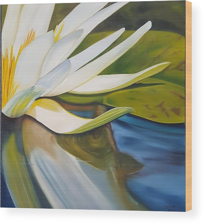 Large Water Lily Wood Print featuring the painting Beneath The Water Lily by Connie Rish