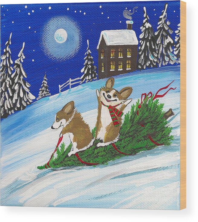 Print Wood Print featuring the painting Bennie and Bunny Christmas Tree Ride by Margaryta Yermolayeva