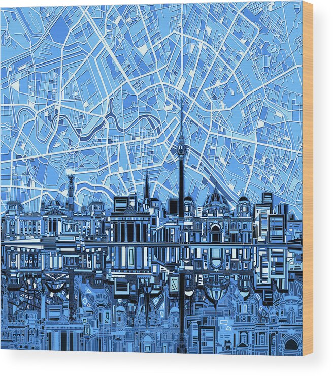 Berlin Wood Print featuring the digital art Berlin City Skyline Abstract Blue by Bekim M