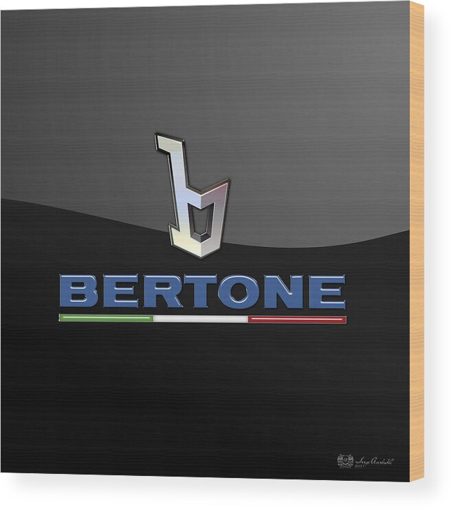 'auto Badges' Collection By Serge Averbukh Wood Print featuring the photograph Bertone - 3 D Badge On Black by Serge Averbukh