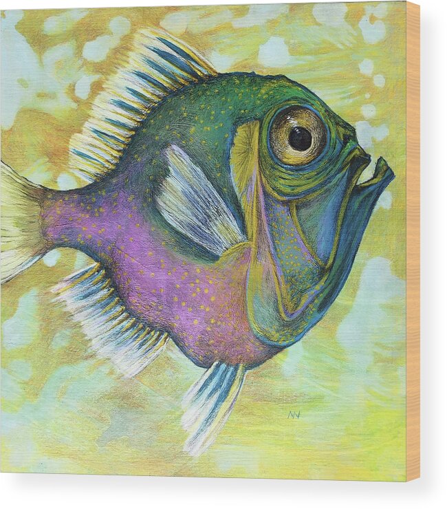 Big Eye Fish Wood Print featuring the mixed media Big Yellow Eye by AnneMarie Welsh