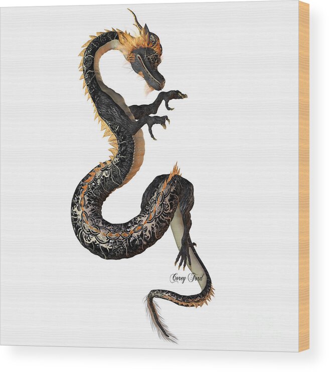 Dragon Wood Print featuring the painting Black and Gold Dragon by Corey Ford