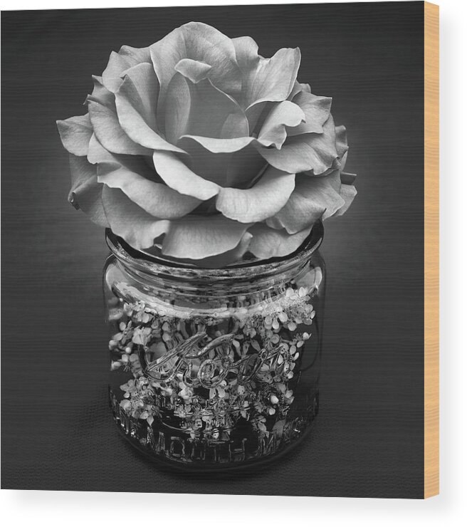 Rose Wood Print featuring the photograph Black and White Rose Antique Mason Jar 2 by Kathy Anselmo