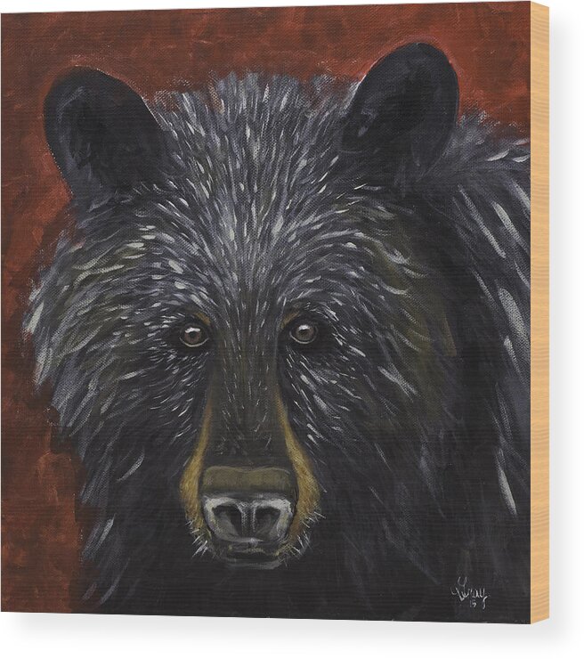 Black Bear Painting Wood Print featuring the painting Black Bear Portrait Original Acylic Painting by Gray Artus