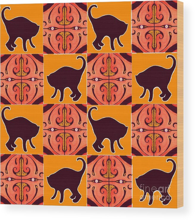 Cats Wood Print featuring the digital art Black Cats and Orange Lanterns by Helena Tiainen