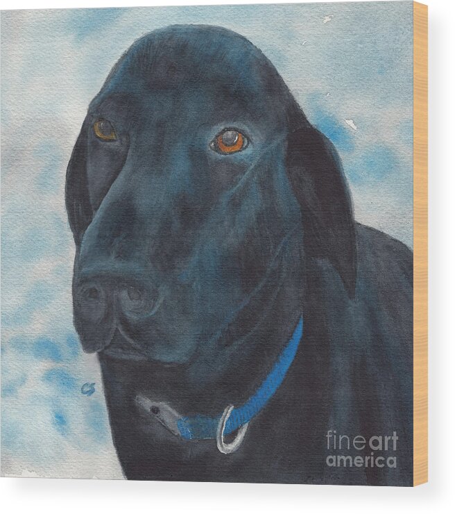 Dog Wood Print featuring the painting Black Labrador with Copper Eyes Portrait II by Conni Schaftenaar