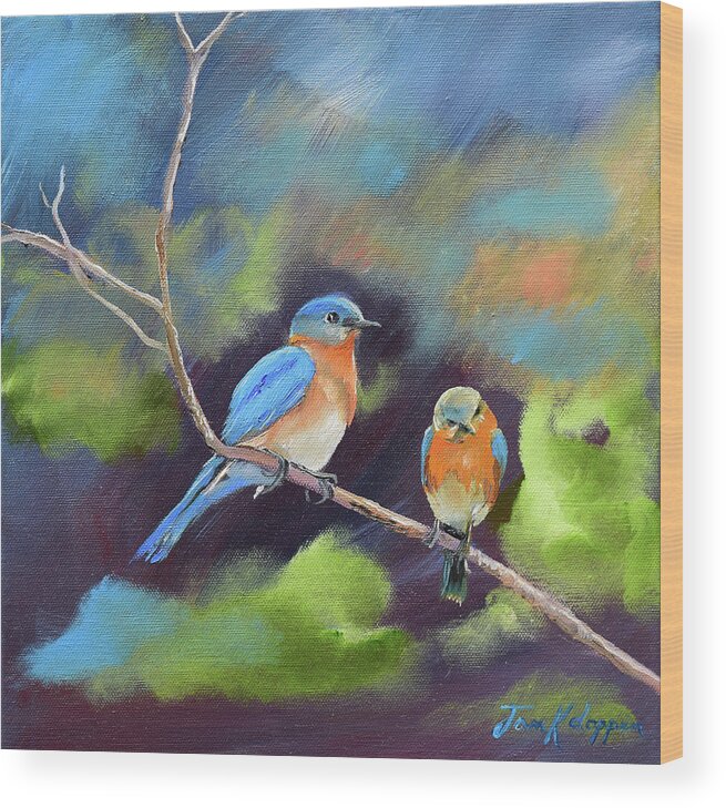Blue Birds Wood Print featuring the painting Blue Birds - Soul mates by Jan Dappen