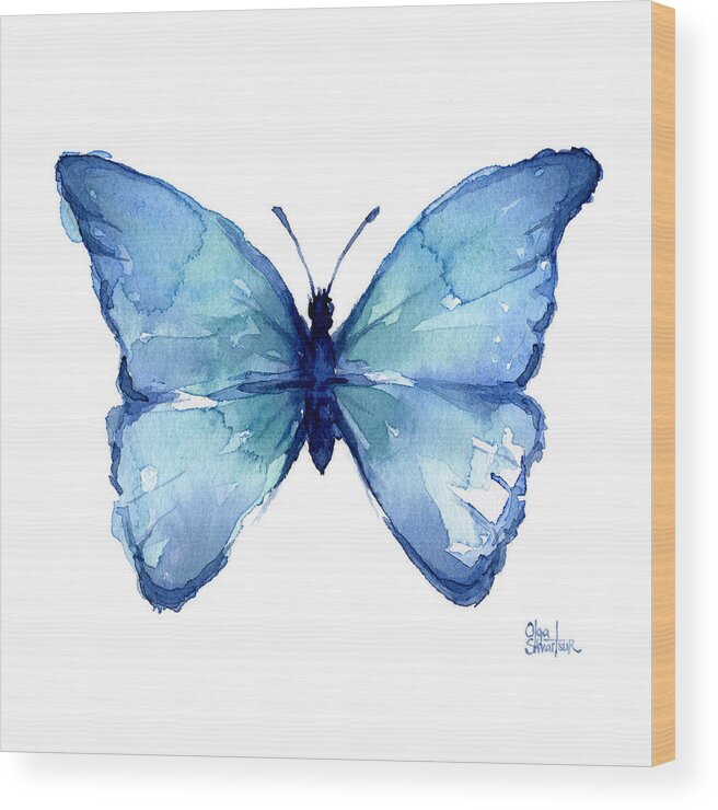Watercolor Wood Print featuring the painting Blue Butterfly Watercolor by Olga Shvartsur