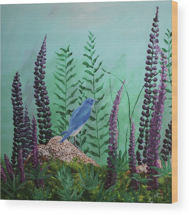 Acrylic Wood Print featuring the painting Blue chickadee standing on a rock 1 by Martin Valeriano