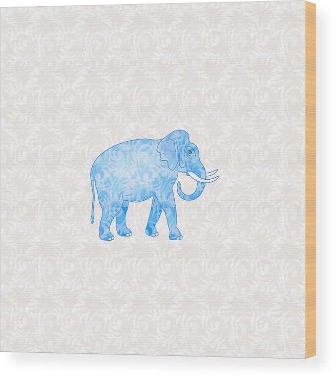 Elephant Wood Print featuring the digital art Blue Damask Elephant by Antique Images 