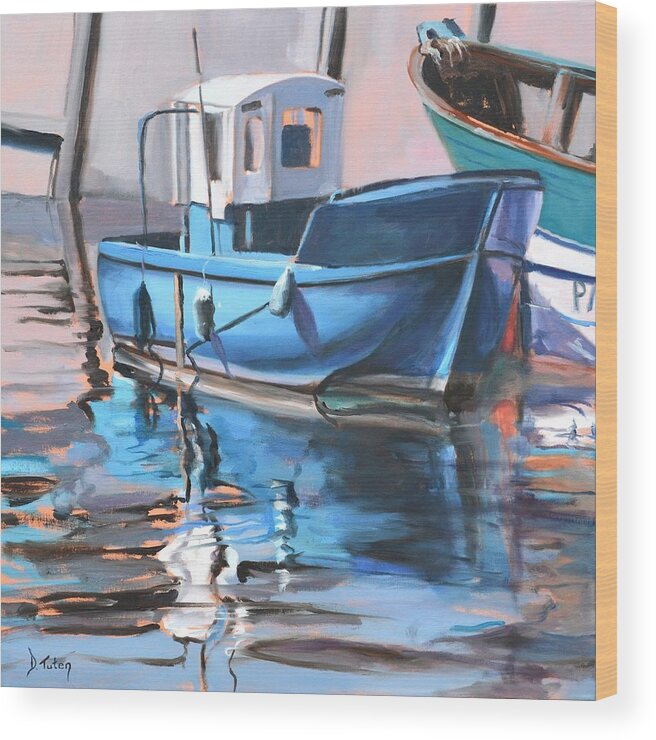 Water Wood Print featuring the painting Blue Fishing Boat by Donna Tuten