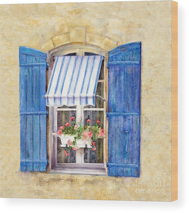 Blue Shutters Wood Print featuring the painting Blue Shutters by Bonnie Rinier