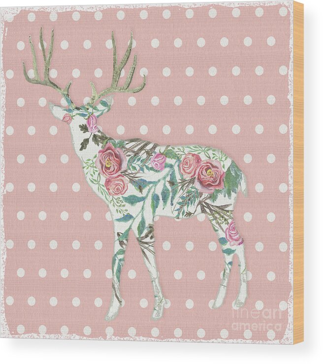 Boho Wood Print featuring the painting BOHO Deer Silhouette Rose Floral Polka Dot by Audrey Jeanne Roberts