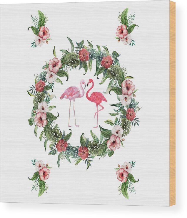 Tropical Flowers Wood Print featuring the digital art Boho Floral Tropical Wreath Flamingo by Georgeta Blanaru