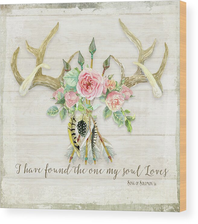 Watercolor Wood Print featuring the painting BOHO Love - Deer Antlers Floral Inspirational by Audrey Jeanne Roberts