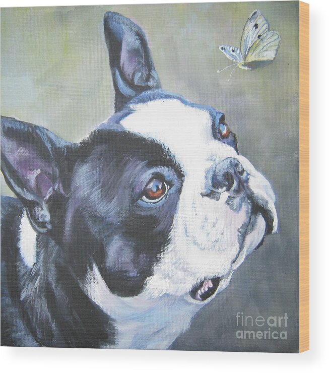 Boston Terrier Wood Print featuring the painting boston Terrier butterfly by Lee Ann Shepard