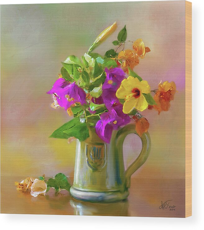Still Life Wood Print featuring the photograph Bougainvilleas in a green jar. by Juan Carlos Ferro Duque