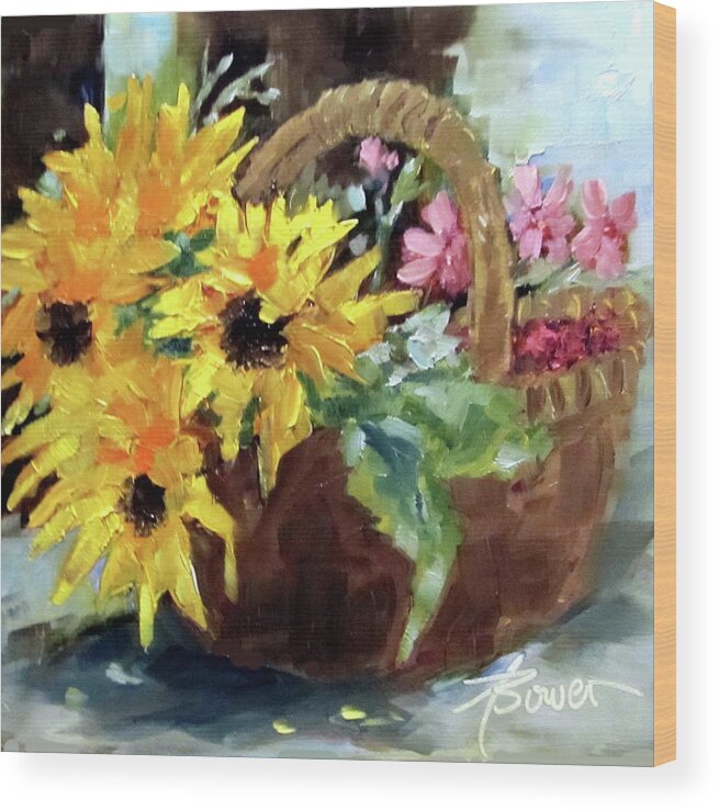 Sunflowers Wood Print featuring the painting Bringing In The Sunshine by Adele Bower