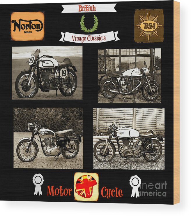 Motorcycle Wood Print featuring the digital art British Motorcycle - Vintage by Ian Gledhill