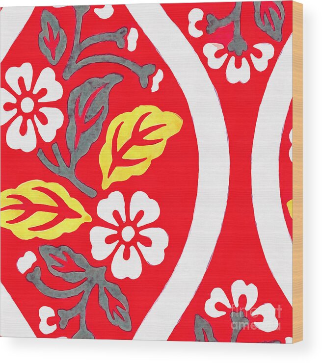 Pattern Wood Print featuring the photograph Brocade pattern with cherry blossoms and wave designs on red by Edward Fielding