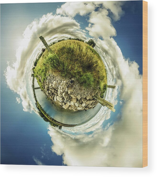 Bell Slip Wood Print featuring the photograph Buffalo Outer Harbor sunrise - Tiny Planet by Chris Bordeleau