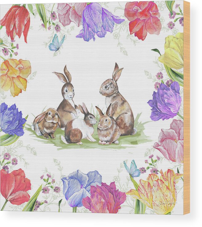 Bunny Wood Print featuring the painting Bunnies In The Tulips-A by Jean Plout