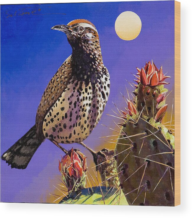Imaginary Realism Wood Print featuring the painting Cactus Wren by Bob Coonts