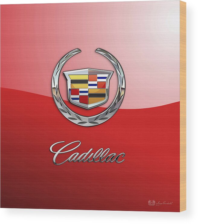 �wheels Of Fortune� Collection By Serge Averbukh Wood Print featuring the photograph Cadillac - 3 D Badge on Red by Serge Averbukh