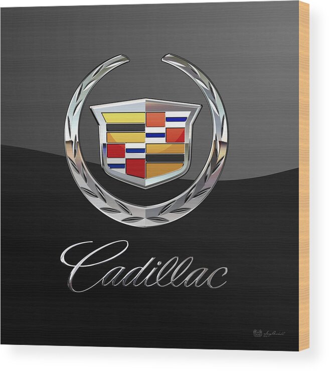 'wheels Of Fortune' By Serge Averbukh Wood Print featuring the photograph Cadillac - 3 D Badge On Black by Serge Averbukh