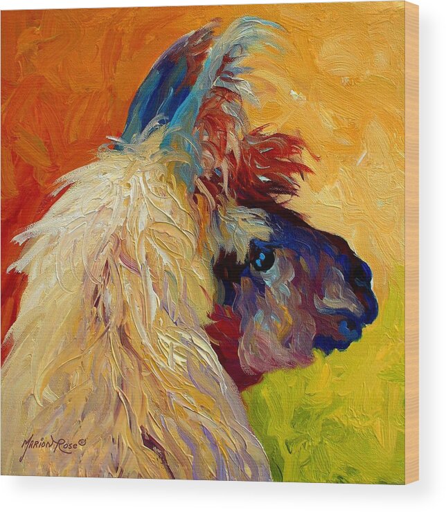 Llama Wood Print featuring the painting Calico Llama by Marion Rose
