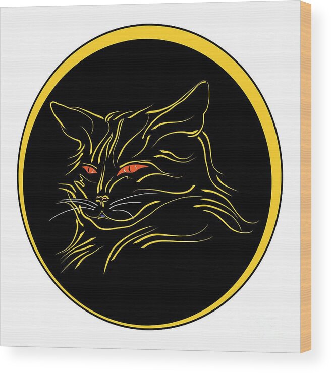 Graphic Cat Wood Print featuring the digital art Calligraphic Black Cat and Moon by MM Anderson