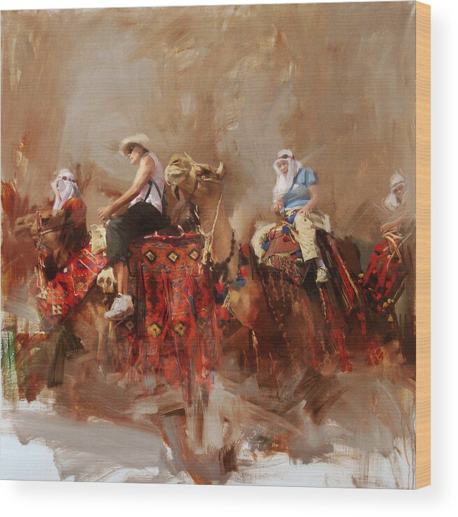 Fujairah Fort Wood Print featuring the painting Camels and Desert 14 by Mahnoor Shah
