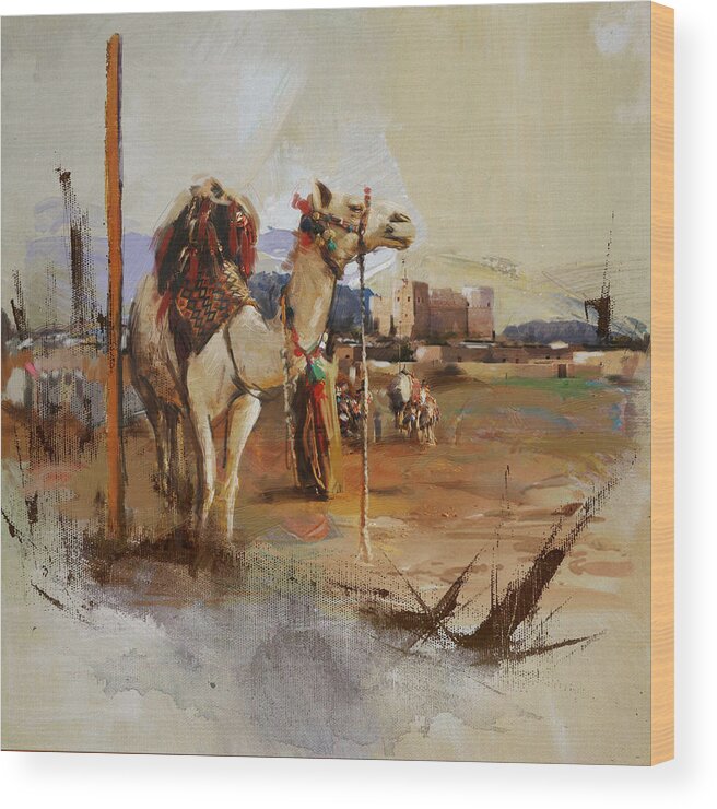 Fujairah Fort Wood Print featuring the painting Camels and Desert 25 by Mahnoor Shah