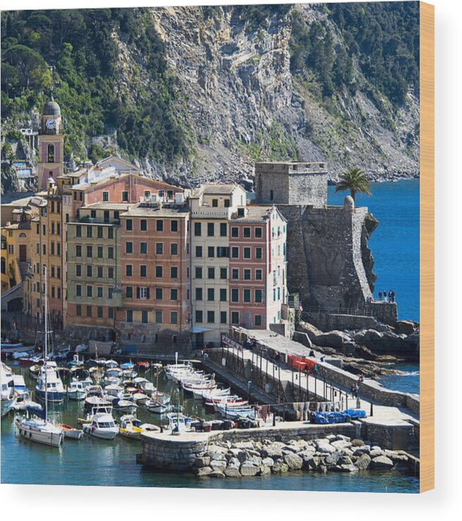 Camogli Wood Print featuring the photograph Camogli Harbour And Buildings View by Enrico Pelos