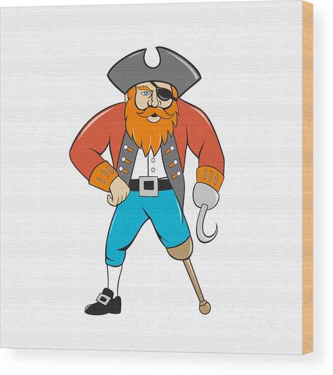 Captain Hook Pirate Wooden Leg Cartoon Wood Print by Aloysius