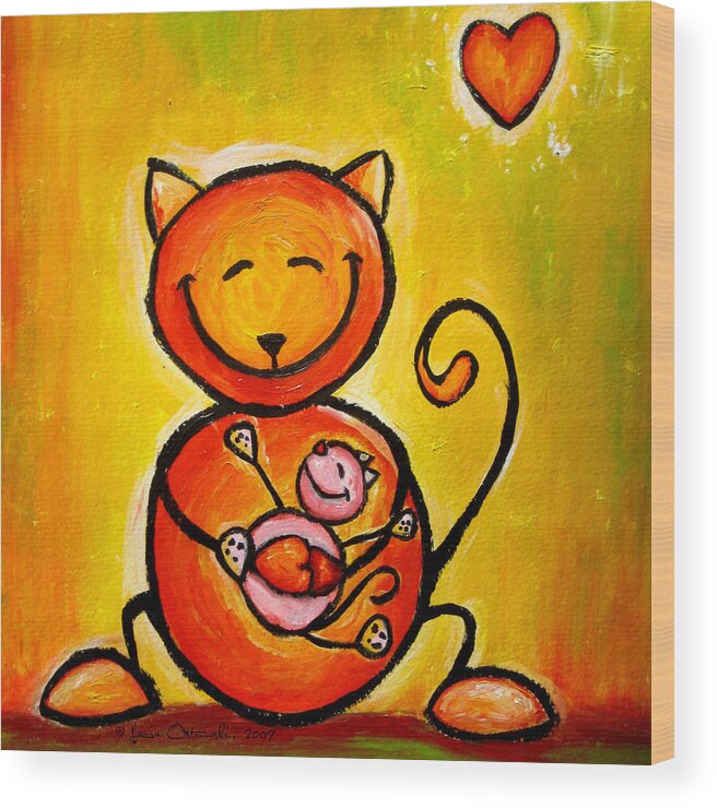 Cat Loves Kitty Wood Print featuring the painting Cat Loves Kitty by Laura Ostrowski