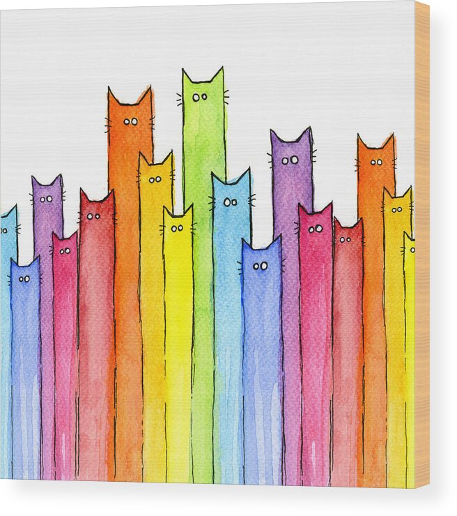 Cats Wood Print featuring the painting Cat Rainbow Watercolor Pattern by Olga Shvartsur