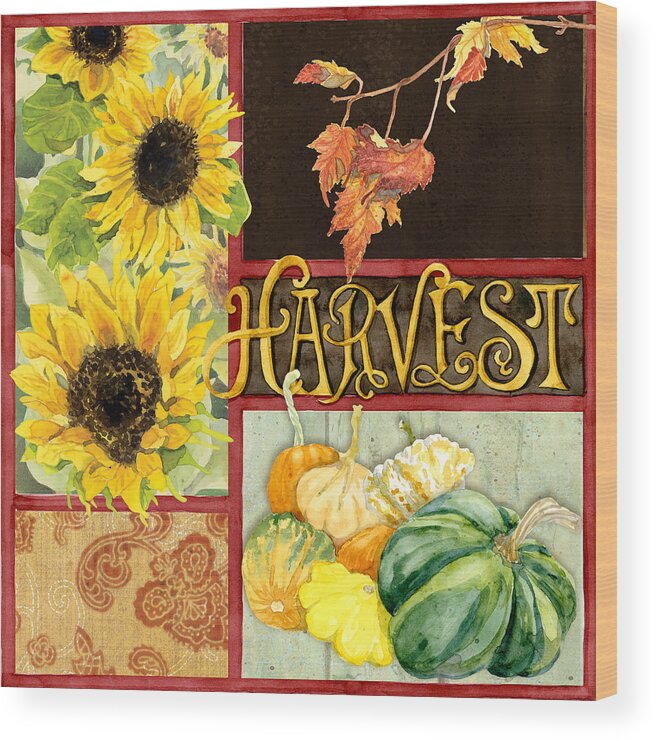Leaf Wood Print featuring the painting Celebrate Abundance - Harvest Fall Leaves Squash n Sunflowers w Paisleys by Audrey Jeanne Roberts