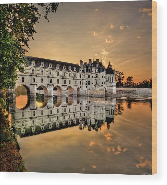 Chateau De Chenonceau Wood Print featuring the photograph Chenonceau Castle in the twilight by Weston Westmoreland