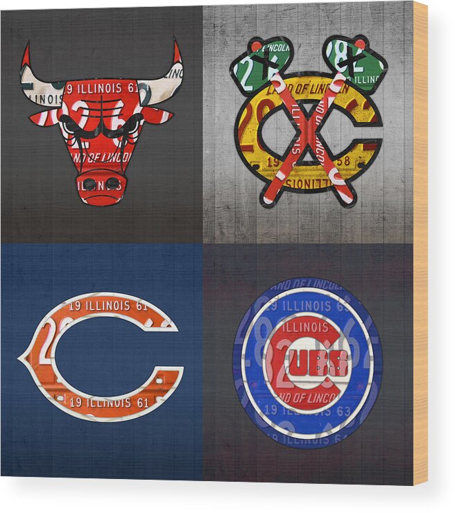 Chicago Wood Print featuring the mixed media Chicago Sports Fan Recycled Vintage Illinois License Plate Art Bulls Blackhawks Bears and Cubs by Design Turnpike