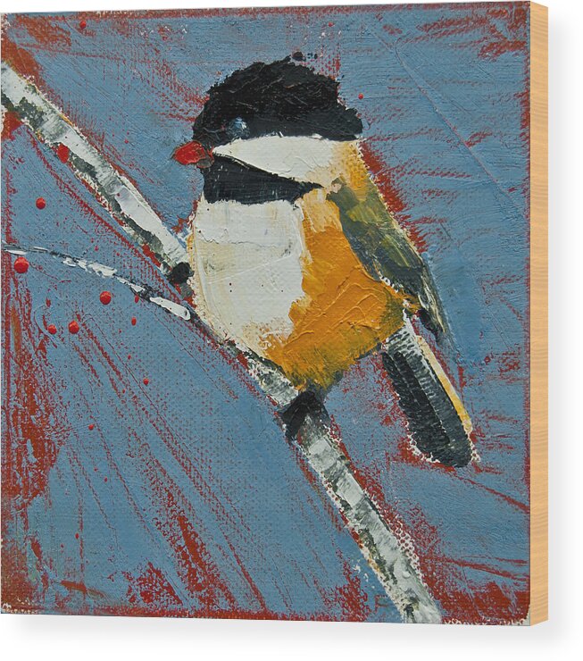 Birds Wood Print featuring the painting Chickadee On Birch by Jani Freimann