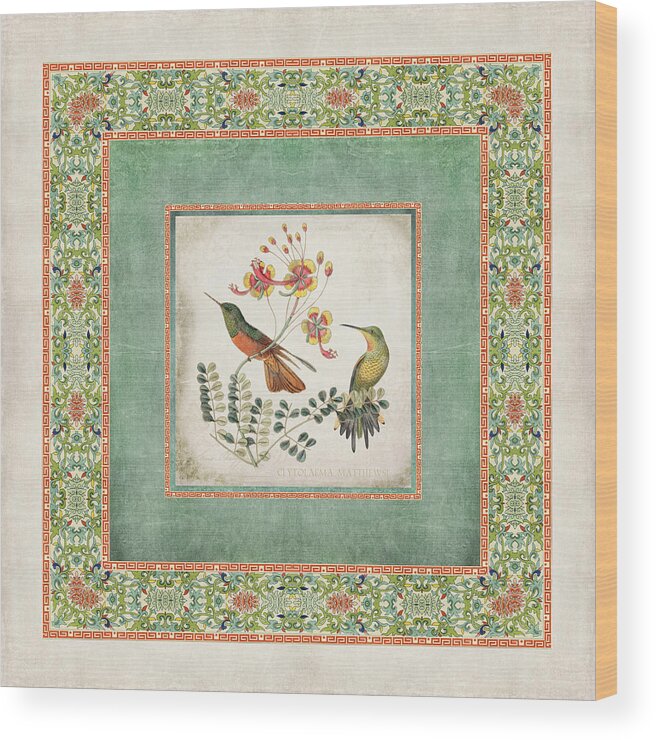 Chinese Ornamental Paper Wood Print featuring the digital art Chinoiserie Vintage Hummingbirds n Flowers 1 by Audrey Jeanne Roberts