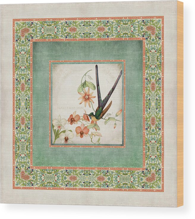 Chinese Ornamental Paper Wood Print featuring the digital art Chinoiserie Vintage Hummingbirds n Flowers 3 by Audrey Jeanne Roberts