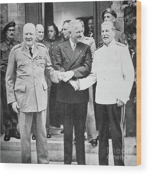 Potsdam Wood Print featuring the photograph Churchill, Truman and Stalin at the Potsdam Conference, July 1945 by English School