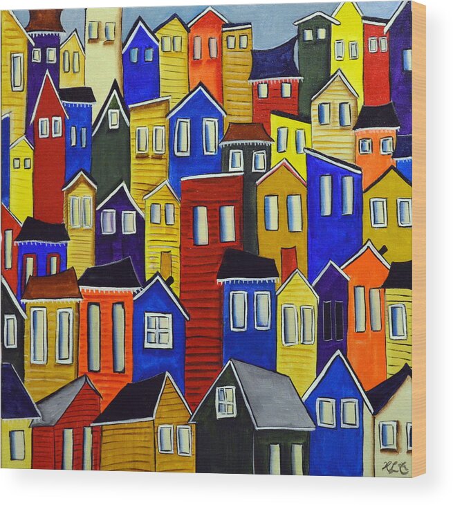 Small Houses Dot The Landscape Of City Living. Wood Print featuring the painting City Life by Heather Lovat-Fraser