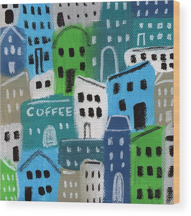 City Wood Print featuring the painting City Stories- Coffee Shop by Linda Woods