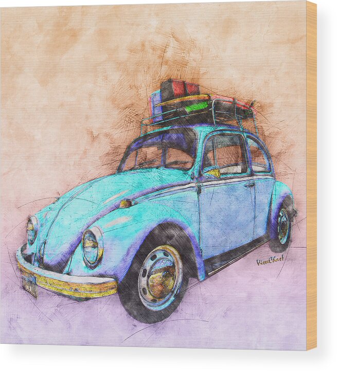 Classic Wood Print featuring the digital art Classic Road Trip Ride Watercolour Sketch by Chas Sinklier
