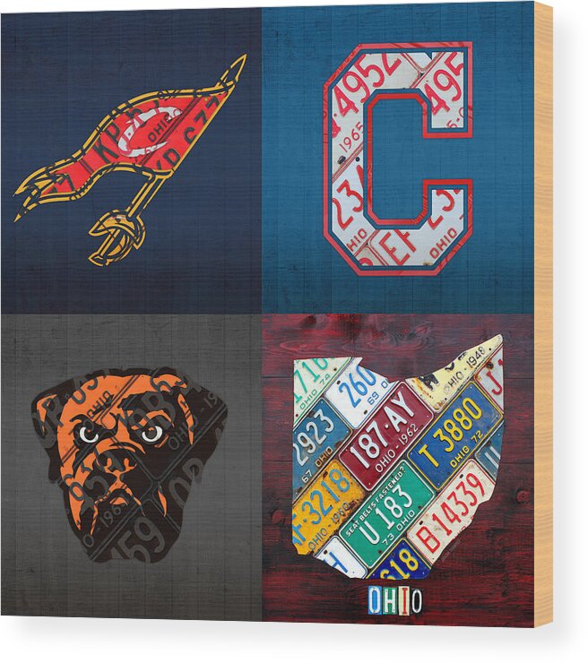 Cleveland Wood Print featuring the mixed media Cleveland Sports Fan Recycled Vintage Ohio License Plate Art Cavaliers Indians Browns and State Map by Design Turnpike
