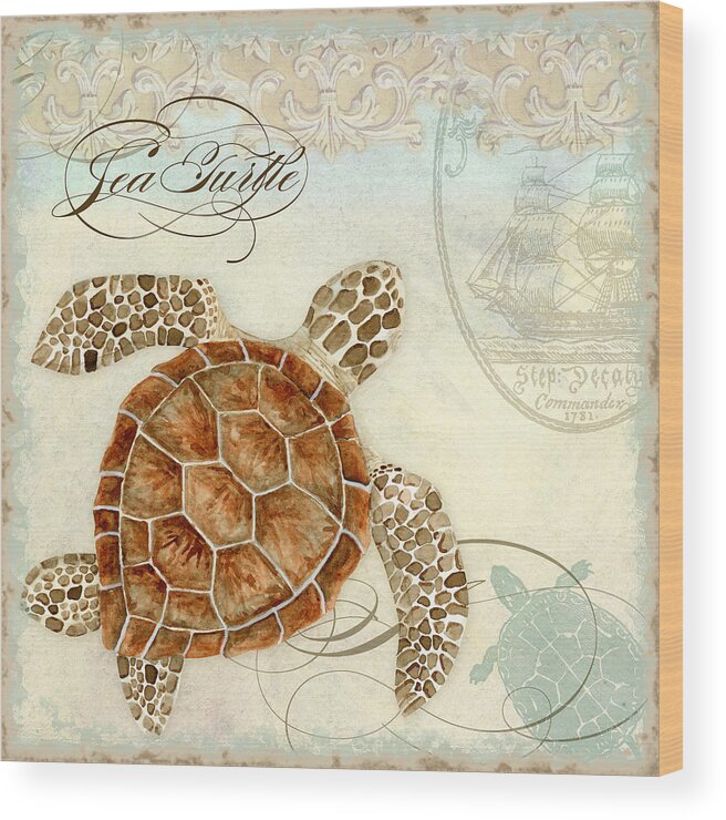 Watercolor Wood Print featuring the painting Coastal Waterways - Green Sea Turtle 2 by Audrey Jeanne Roberts