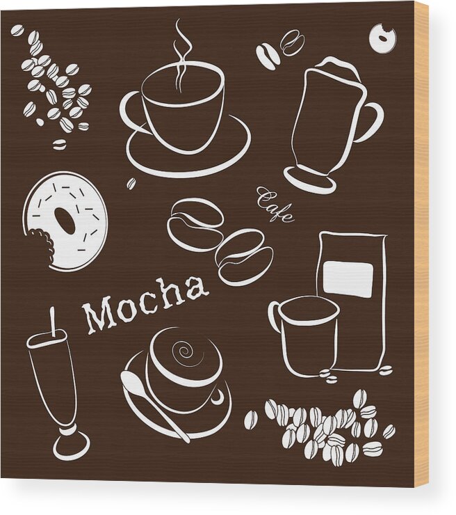 Backdrop Wood Print featuring the drawing Coffee/Cafe Pattern Background by Serena King